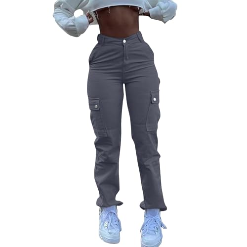 Jean cargo femme taille haute pantalon denim extensible coupe droite