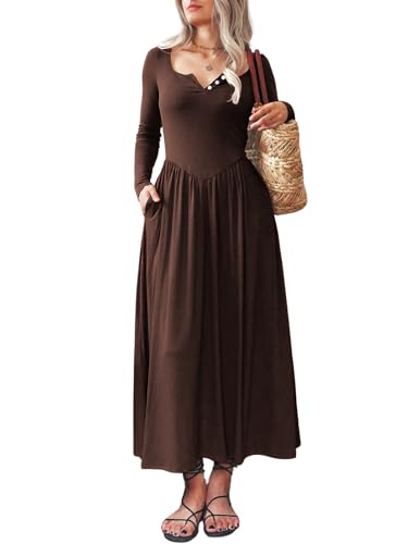 Image of Mieazom Long Sleeves Maxi Dress for Women A Line 2025 V Neck Casual Button Boho Tshirt Long Dress with Pockets