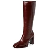 Dsevht Dark Red Leather Knee High Boots for Women Platform Chunky Block Heeled Burgundy Boots Square Toe and Side Zipper Design Fashion Dress 70s Gogo Boots