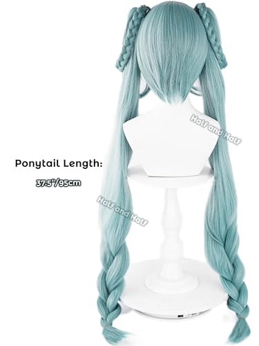 Image of Half and Half Long Curly Green Ponytail Braid Anime Wig with Bangs 37.5'' Light Teal Twin Tail Pigtails Wigs Virtual Singer Costume Wigs for Women Halloween Party Daily