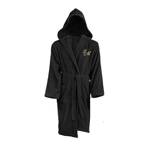 Personalizado Monogram + nombre con capucha albornoz de rizo de algodón negro de punto, algodón, negro, Small
