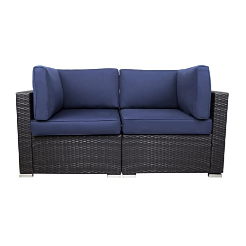 LAZYLAND Patio Furniture Corner Sofa, All-Weather Outdoor 2-Person Conversation Rattan Set, Orangem Fade Resistant Cushion (Blue)