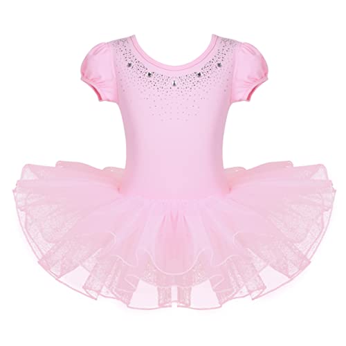 FEESHOW Kids Girls Short Sleeve Sparkle Rhinestone Dance Costumes Ballet Leotard Tutu Dress A Pink 7-8 Years