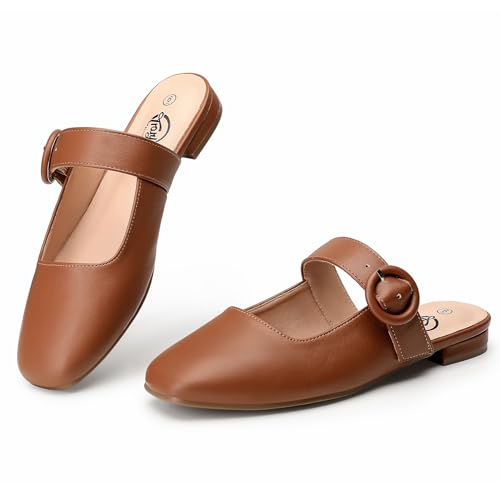 Trary Mules for Women Brown Mary Jane Mules Flat with Adjustable Buckle Flats for Women Slip On Shoes Loafers Size 7