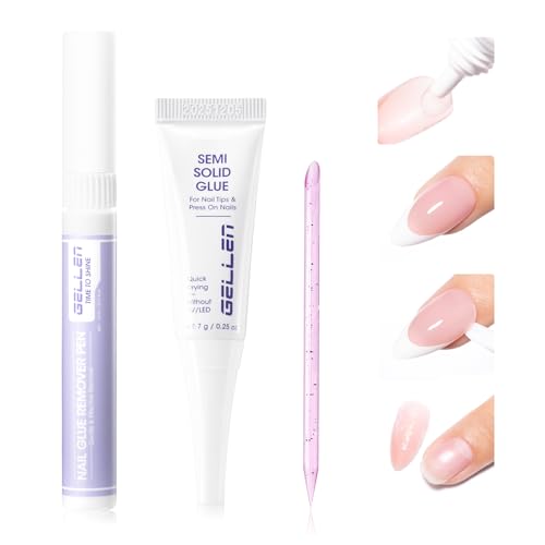 Gellen Semi Solid Nail Glue & Glue Remover for Press ons, Quick Dry Lamp-Free Nail Gel Glue for Nail...