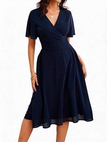 Image of Women's Summer Elegant Chiffon Wrap V Neck Aline Dress