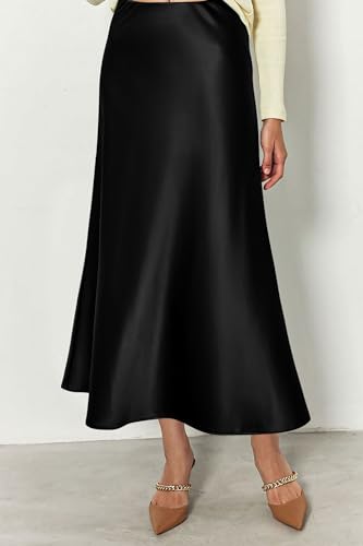 PRETTYGARDEN Women's Satin Skirts Dressy Casual 2025 Fall High Waisted Cocktail Wedding Flowy Elegant A Line Midi Skirt3