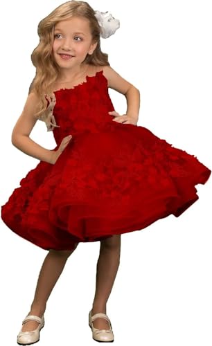 Pageant Dresses for Girls Short Lace Applique Poofy 3D Flower Girl Dress for Wedding Toddler Ball Gown for Girl