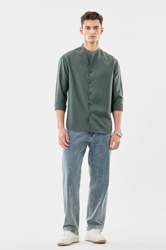 Image of SNITCH Men Casual Shirt | Oversized Fit Full Sleeve Mandarin Collar Solid Design | Modal Blend & Breathable Fabric for Everyday Wear & Semi-Formal Occasions