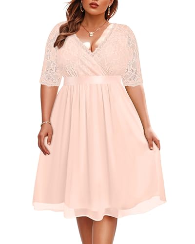 Image of Pinup Fashion Plus Size Lace Chiffon Wrap V Neck Dresses Women Cocktail Wedding Guest Midi Dress