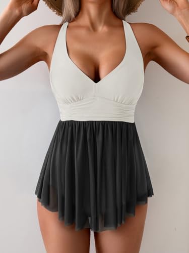 Women's One Piece Swim Dress Swimsuit Tummy Control Mesh Swimdress V Neck Bathing Suit Skirt Tie Back Swimwear4