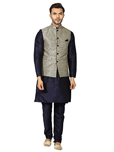 Image of Uri and MacKenzie Men's Silk Blend Regular Kurta Churidar Pyjama with Bundi Nehru Jacket /Waistcoat