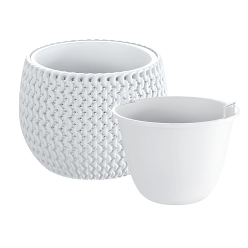 Image of B2C Plant Pots Indoor Outdoor Plastic Flowerpot Small Medium Large Splofy Home Decorative Planter Braid yarn Mesh Effect (White, 18 cm - 1.4 litre)