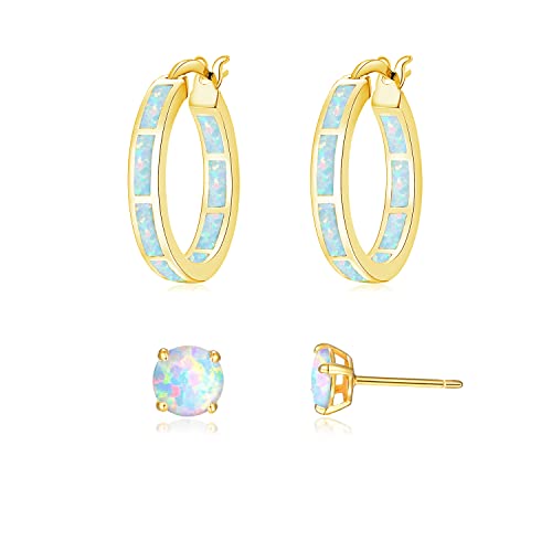 Cinily 2 Pairs Hoop Earring Set For Women Girls Yellow Gold Plated Opal Small Hoop Earring Hypoallergenic Opal Stud Earrings #TOP4