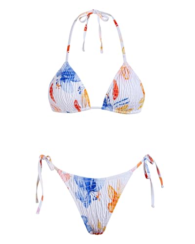 Image of Women's Triangle Bikini Set String Swimsuit Print Tie Smocked Ruched Two Piece Bathing Suit