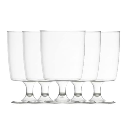 50 copas de vino desechables de plástico (200 ml) ideales para picnics, camping y glamping, festivales, piscina al aire libre, barbacoa, jardín y ocasiones especiales. Paquete con 4 alfombrillas AIOS en caja.
