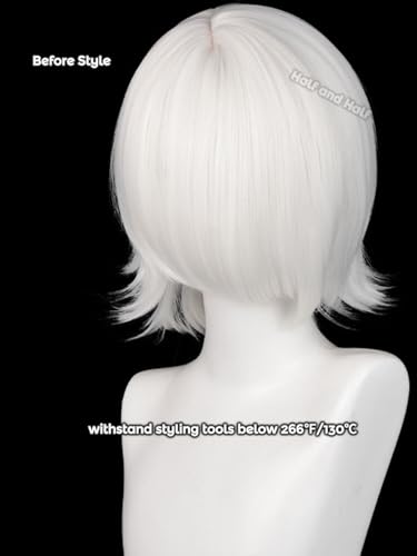 Image of Half and Half Short White Anime Wig for Juuzou Cosplay Male Silver White Layered Wig with Side Part Bangs for Women Men Unisex Halloween Party