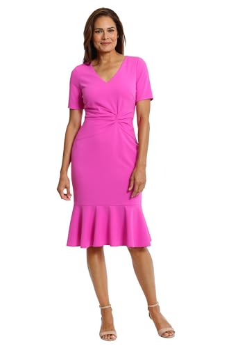 Image of London Times Women's V-Neck Dress - Flounce Hem, Twist Waist, Elegant Office & Event Wear
