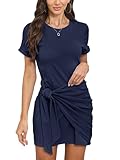 Yulaviniee Women's Summer Short Sleeve Front Tie Crewneck Wrap Dress Casual T Shirt Cotton Ruched Mini Party Dresses Navy Blue