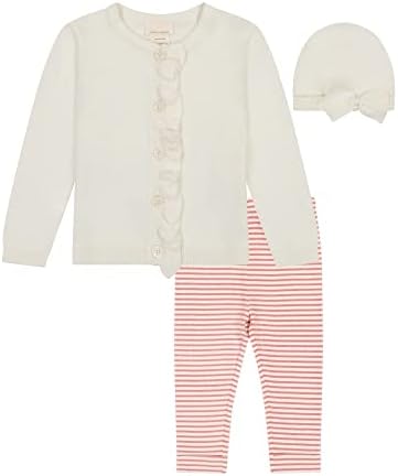 Laura Ashley 3-Piece Infant Clothes Set with Baby Sweater, Leggings and Knit Hat, 100% Cotton Knitted Outfit, Ivory/12 Months