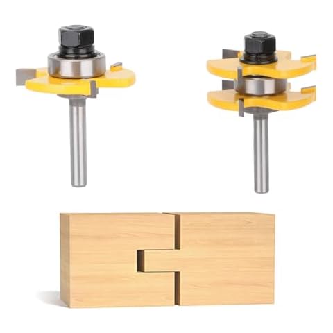 Yougfin 2PCS Tongue and Groove Set , 1/4" Shank Router Bit Set for Making Raised Panel Cabinet Door, 3 Teeth Adjustable T Shape Wood Milling Cutter Cover