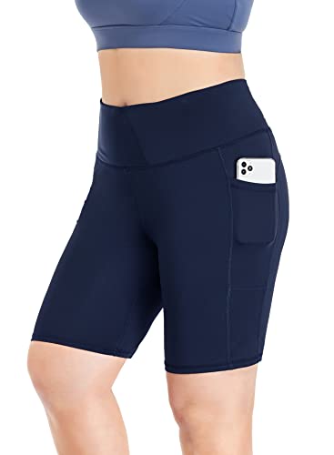 Zerdocean Women's Plus Size 8" /5" High Waist Biker Shorts Yoga Workout Shorts Sports Running Exercise Shorts With Pockets 8" Navy 2X #TOP2