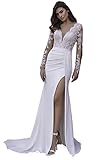 Feature: V neck mermaid long sleeve lace appliqued wedding dresses for women , Lace beach boheimian bridal dress , Lace Tulle and Chiffon Slit wedding gown for Bride ,With Built-in bra, beautiful lace flower long sleeve wedding dresses for women 2021...