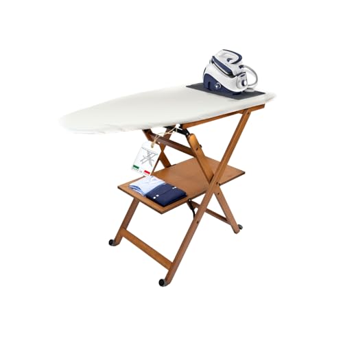 MOHOME Asse da Stiro Legno Faggio Noce Pieghevole Salvaspazio Tappetino Silicone Portacaldaia Rotelle Trasportabili Dimensioni 123 x 89 x 48 cm Made in Italy Colore Mollettone Assortito