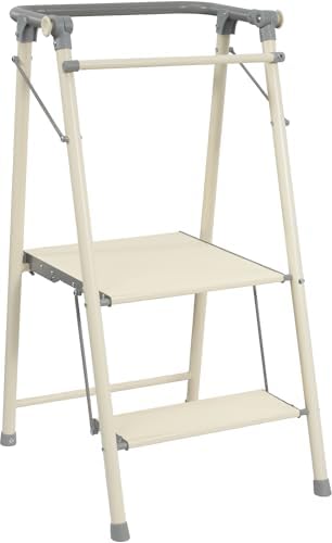 Elevon Step Stool, Metal Two Step Ladder Step Stool with Wide Pedal for Kitchen Counter Bathroom Sink, Grayish White