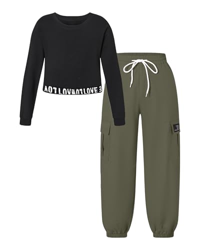 Image of Betusline Girls Fall Winter Clothing Sets, Long Sleeve Crop Top & Cargo Jogger Pants 2 Piece Outfit Sets,4T-14Y