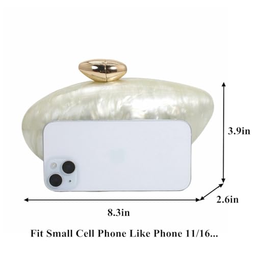 WuDiaoer Shell Shape Acrylic Clutch Trendy Metallic Acrylic Evening Bag Shiny Egg Purses and Handbags for Women Wedding Party, Pearl White, 8.3x3.9x2.6 inches