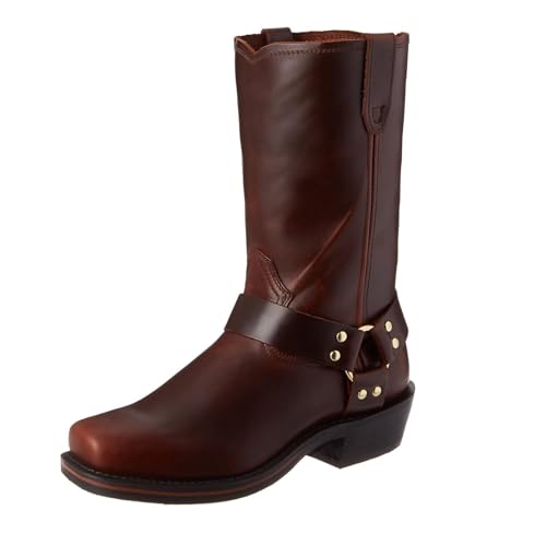 Motorcycle Boots Men Mid Calf Pull On Boots For Men Pu Leather Men's Western Boots(Dark Brown,8.5)