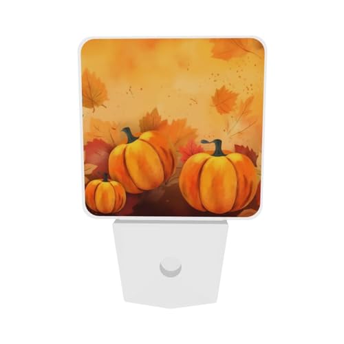 Image of Pumpkins Maple Leaf Thanksgiving Night Light Set of 2, Fall Sunflowers Auto Sensor LED Dusk-to-Dawn Nightlights, Plug-in Sensor Lamp for Bedroom Bathroom Decorative