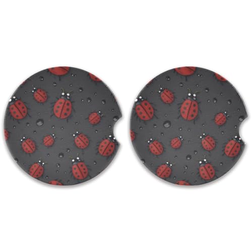 KEEPREAL 2 Pack Red Ladybugs Car Coasters for Drinks Absorbent, Ceramic Car Cup Holder Coaster for Your Car with Fingertip Grip, 2.5 inch