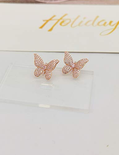 Colorful Cz Pave Butterfly Earrings For Women - 3D Butterfly Stud Earrings For Girls - Diamond Butterfly Earrings Plated In Rose Gold #TOP4