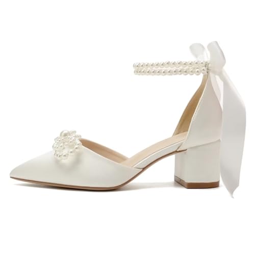 Block Heel Wedding Shoes for Bride Satin Pearl Bridal Heels Closed Toe Wedding Heels3