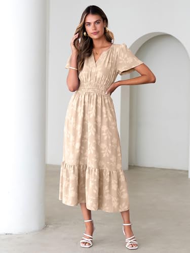 Image of Simplee Womens Summer Boho Maxi Dress Semi Formal Wedding Guest Short Sleeve V Neck Empire Waist Floral Long Dresses