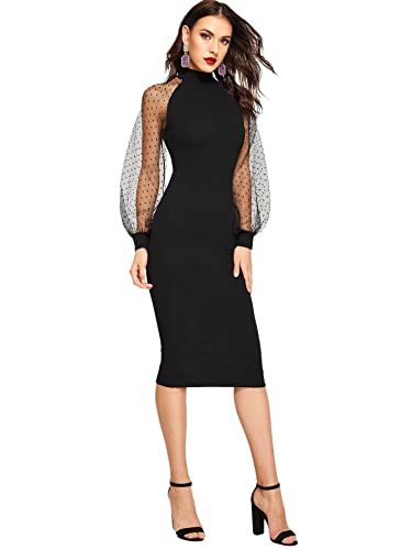 Romwe Women's Long Mesh Bishop Sleeve Mock Neck Zipper Back Slim Fit Sheath Dress New Black Small #TOP2