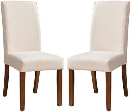 Restworld Fabric Dining Chairs Set of 2,Tufted Upholstered High Back Nailed Trim with Untique Oak Wood Legs for Kitchen Restaurant Room (Ivory)