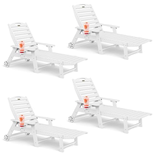 SUUNYN Lounge Chair Outdoor Set of 4 with Wheels, Adjustable 6-Position Chaise Lounge Outdoor, Patio Lounge Chair for Poolside Backyard, White