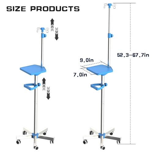 IV Pole with Wheels - Rolling IV Stand with Tray and 4 Hooks Height Adjustable Stainless Steel - Thumbnail 2