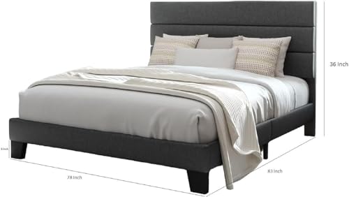 Image of Wooden Modern Upholstered Queen Size Bed for Bedroom | Wooden Double Bed Without Storage | Platform Cot Upholstered Bed with Upholstery Fabric | 6.5 x 5 Ft | Dark Grey Khaza Eithan