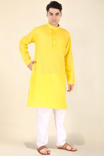 Image of Men's Cotton Solid Kurta Set Mandarin Collar Regular Fit Long Sleeves Ethnic Dress