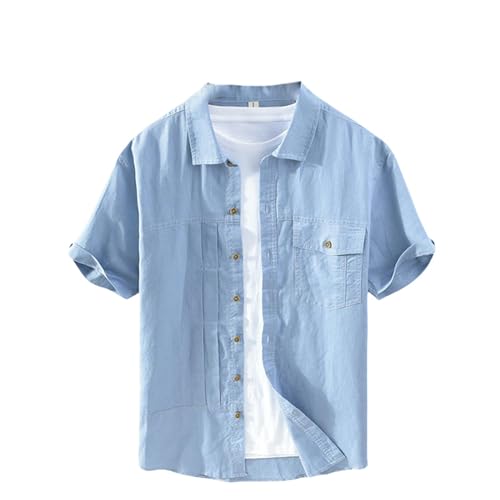 Chemise manches courtes coton et lin col carré homme pour un style d'été épuré