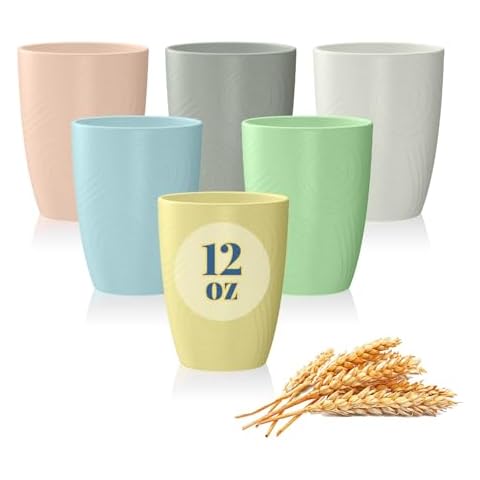 SINOGE Wheat Straw Cups Set, 12 OZ Kids Drinking Cups Unbreakable Plastic Cups Reusable, Microwave and Dishwasher Safe Small Water Cups Juice Cups, Colorful Kitchen Cups Set of 6 - Macaron Series Cover