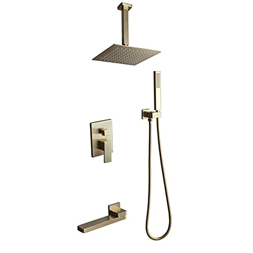 Système de douche doré brossé avec mitigeur de baignoire et douche de tête 25 cm