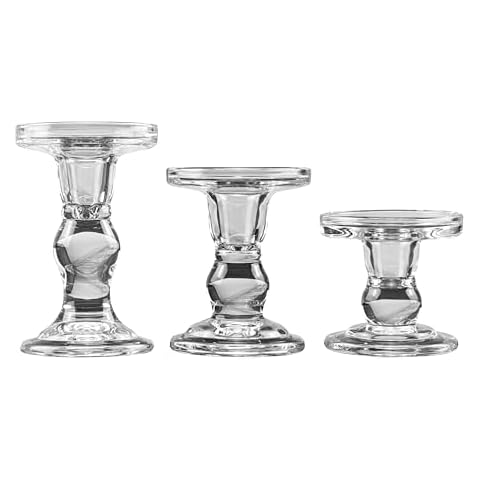 YAKii Clear Glass Candle Holder Set - Elegant Crystal Candlestick Holders for Pillar Taper Candles and Tea Lights - Perfect for Home Decor, Wedding, Christmas and Party - Set of 3 Cover