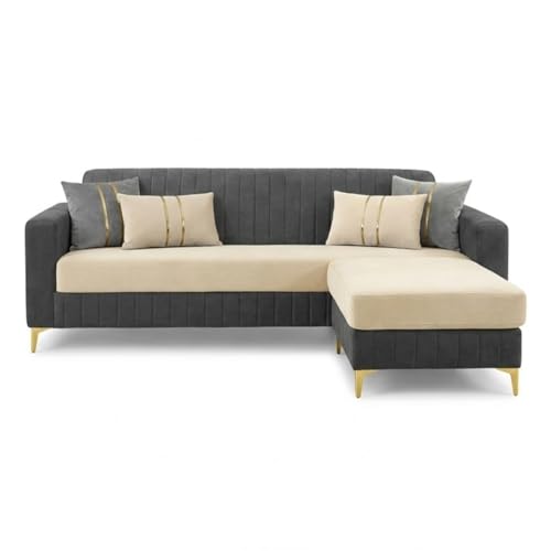 Image of CASASTYLE Noviq 4 Seater L Shape Sofa Set with Movable Ottoman | Flexible Left or Right Layout | Cozy Velvet Fabric | Soft Touch Seating | Modern Designer Sofa for Living Room (Dark Grey-Cream)