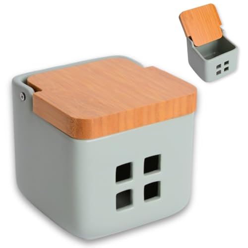 KOOK TIME Bote de ajos cocina con tapa de madera de bambú - Tarro de cocina para guardar ajos, de cerámica con agujeros de ventilación para su conservación óptima - Medidas: 11.5x11.5x11.5 cm