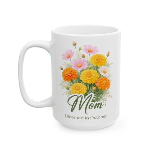 Chabemma October Birth Flower Mug for Mom, Marigold Flower Coffee Mug, Personalized Birth Month Gift for Mom, Floral Mug Gift from Daughter Son, Fall Floral Mug 11oz 15oz